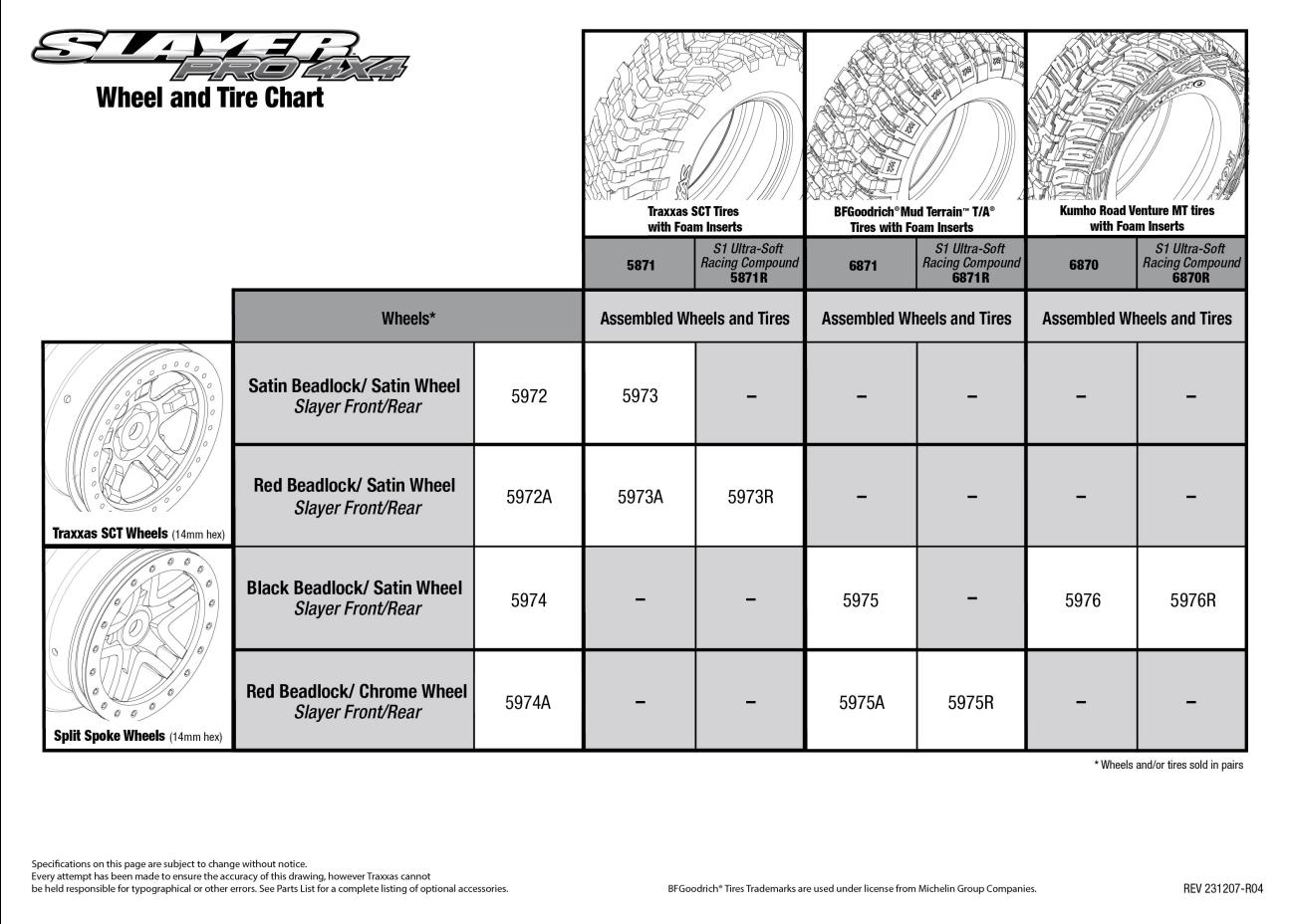 Slayer Pro 4X4 (59076-3) Tire Chart