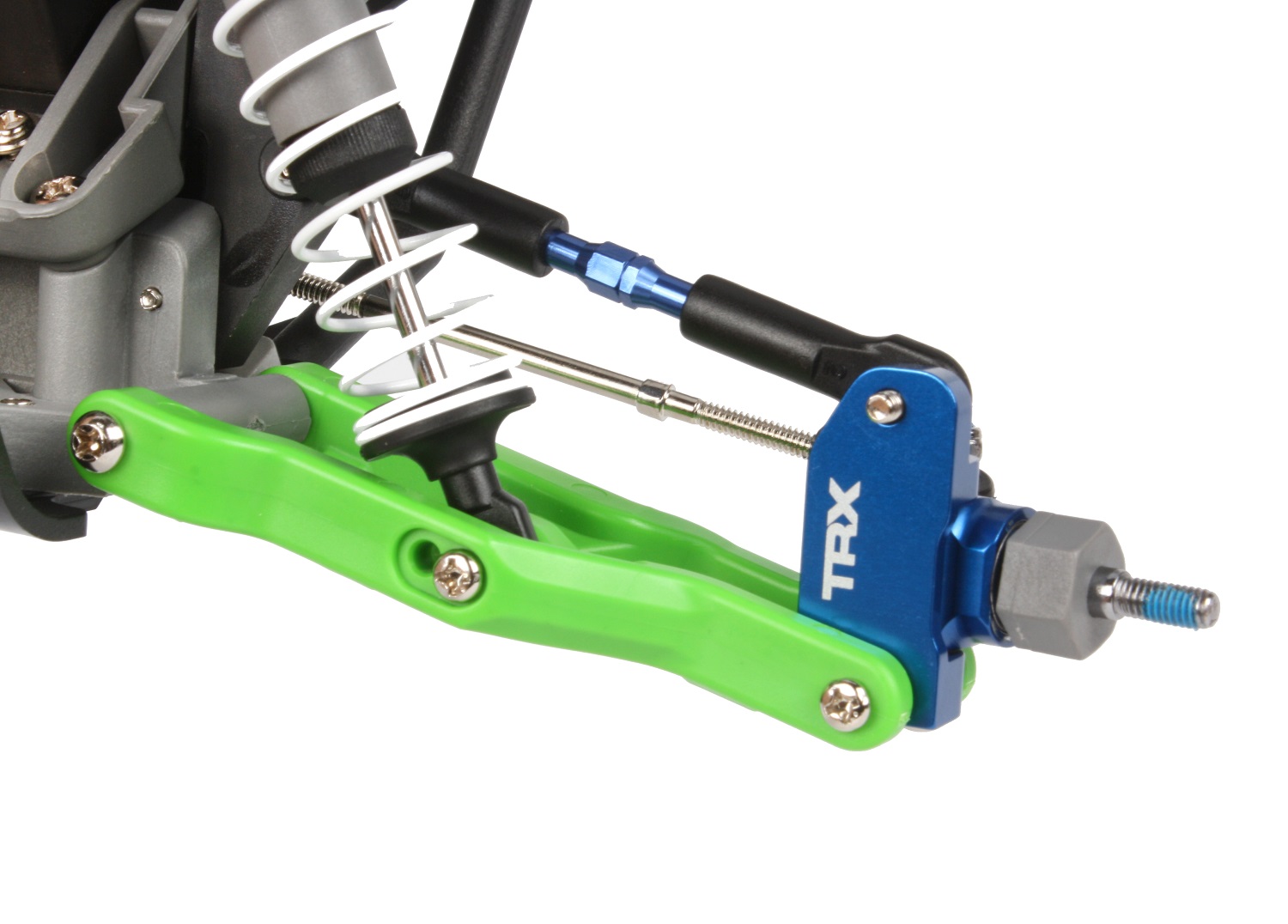 The blue aluminum parts contrast nicely with the green arms