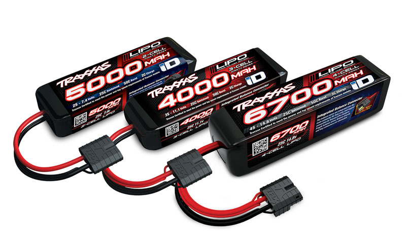 From left to right: 5000mah NiMH 8C hump pack (#2963X), 5000mah 3S LiPo 11.1v (#2872X), 10000mah 2S LiPo 7.4V (#2854X) From left to right: 5000mah NiMH 8C hump pack (#2963X), 5000mah 3S LiPo 11.1v (#2872X), 10000mah 2S LiPo 7.4V (#2854X)